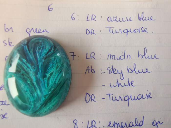 Petri dish resin cabochon 7 grote ovaal midnight blue teal golvend patroon