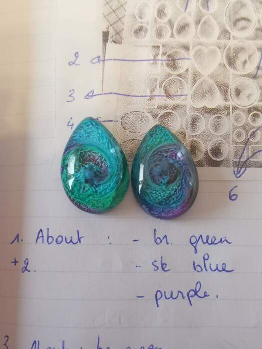 Petri dish resin cabochons 1 en 2 — druppelvorm met teal en paarse celstructuur