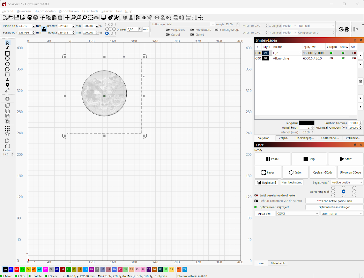 LightBurn scherm met coaster-afbeelding in cirkel, lagen: Lijn 15000mm/min 100% en Afbeelding 6000mm/min 20%