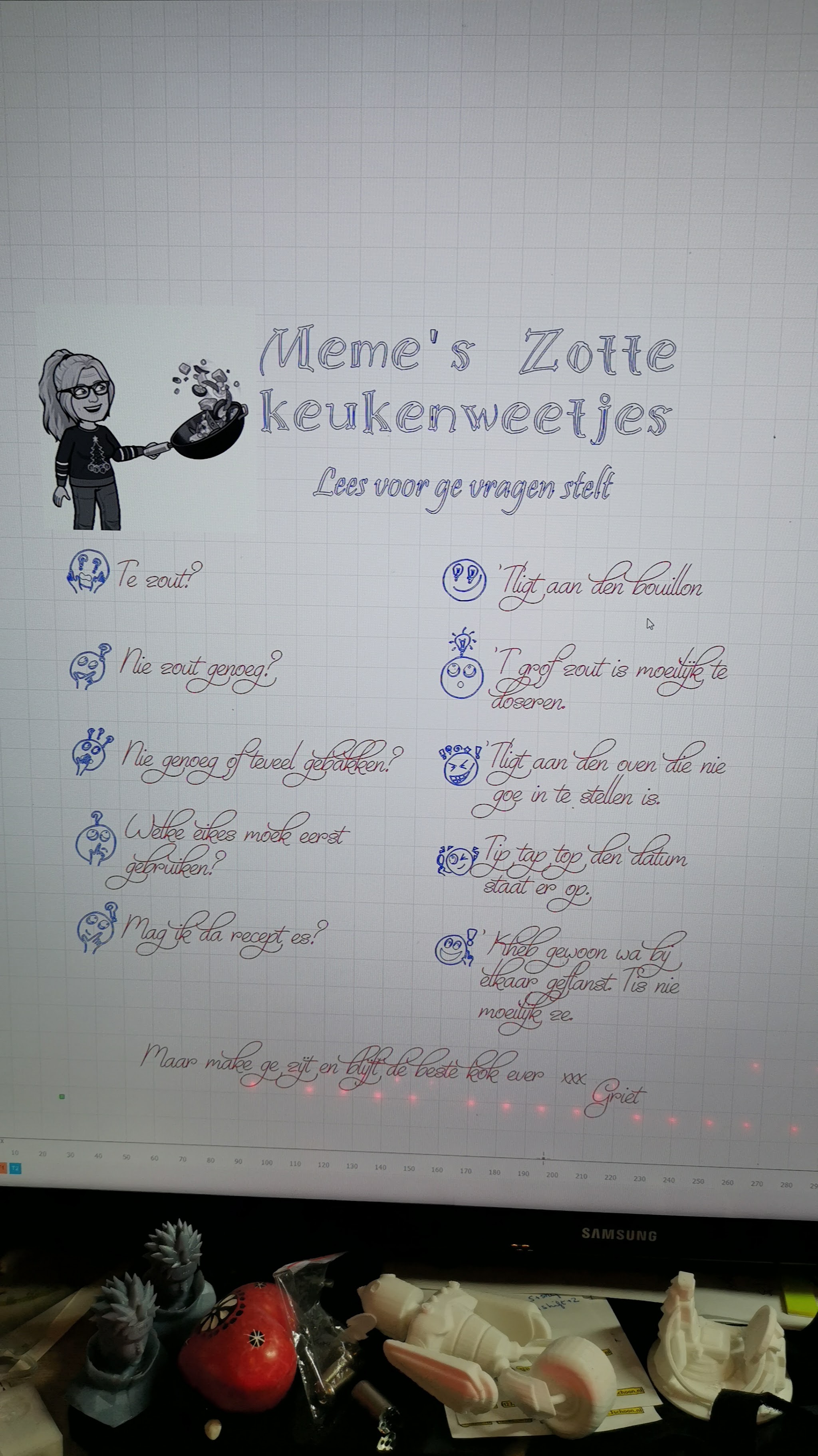 Computerscherm met LightBurn ontwerp voor Meme's Zotte Keukenweetjes bamboeplank met illustratie en tekstraster