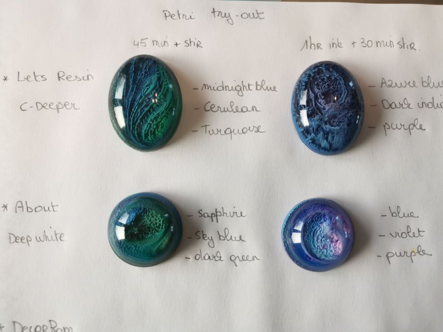 Vergelijking letsresin C-Deeper en About Deep White bij verschillende timing in petri dish resin