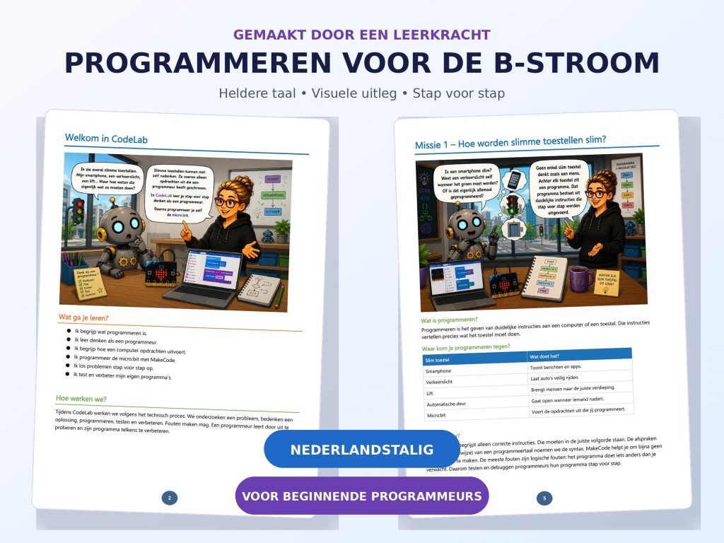 Voorbeeldpagina’s uit CodeLAB voor programmeren in de B-stroom