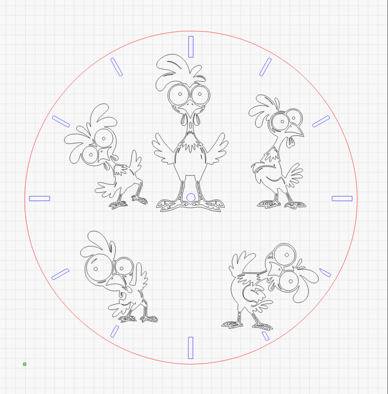 LightBurn ontwerp van de kippenklok met vijf kippenfiguren, urenstreepjes en middengat, klaar om te lasergraveren
