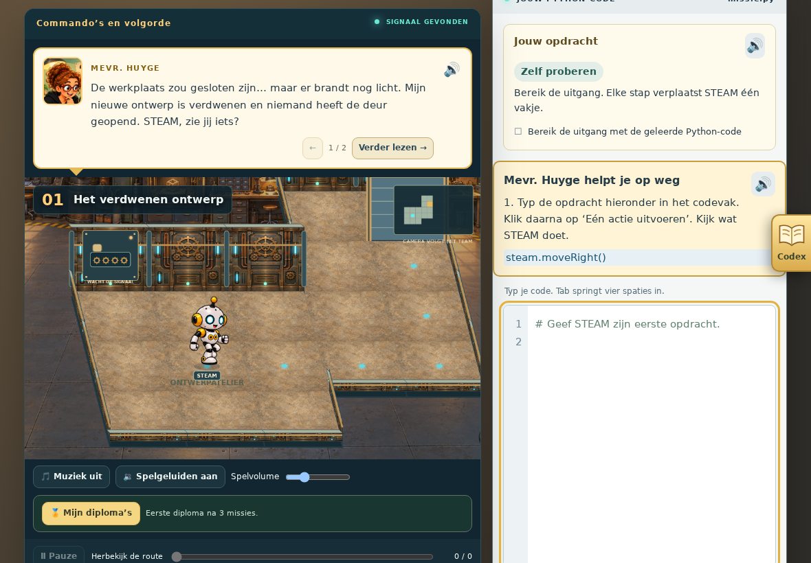 Schermbeeld van Het ontwerpmysterie met robot STEAM, een missie en een Python-codevak