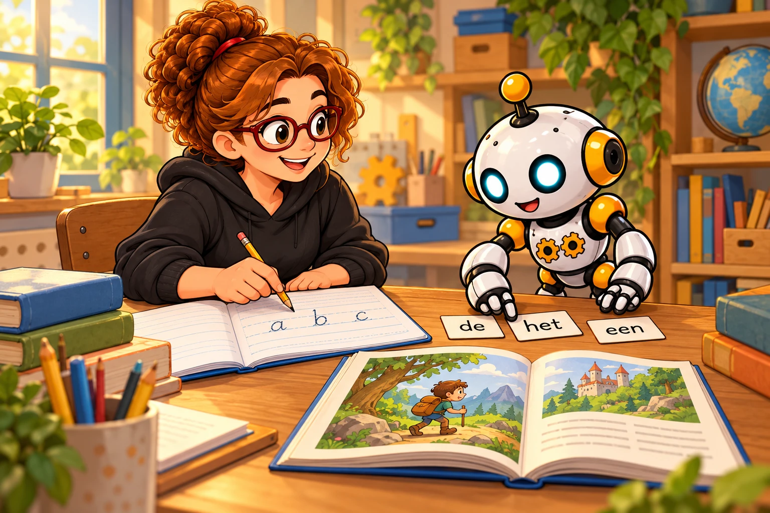 Illustratie van Mevr. Huyge en robot STEAM die samen oefenen met letters, woorden en een leesboek