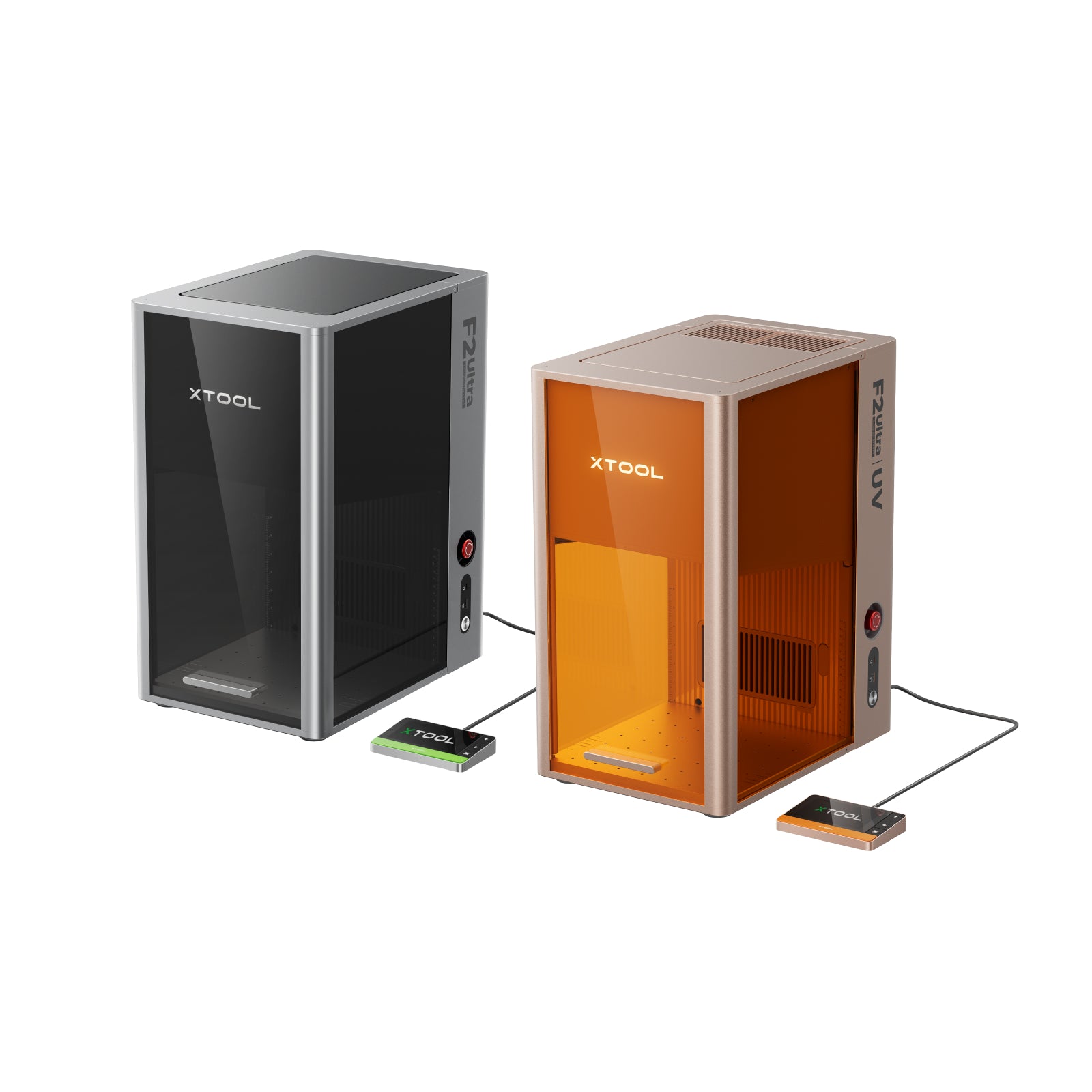Official product photo showing the separate xTool F2 Ultra MOPA machine and F2 Ultra UV machine side by side